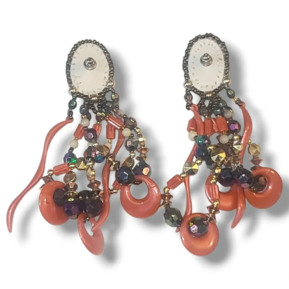 Vintage‎ 80s Chipita Big Coral Beaded Dangle Earrings Pierced Chandelier Boho
